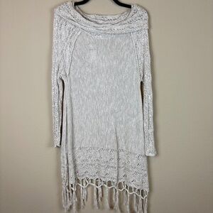 NWT Vintage America Blues Beige Boho Sweater Tunic Crochet Cowl Neck Fringe